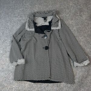 Ali Miles Jacket Womens Large Black White Polka Dot Button Collar Ruffle Stretch